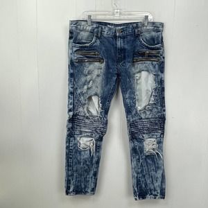 Trillnation Mens Jeans 38 Blue Denim Distressed Zipper Accents Skinny Acid Wash
